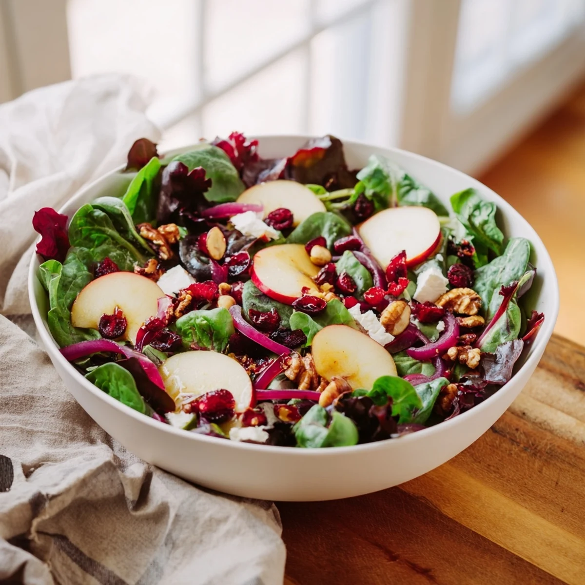 Seasonal Cranberry and Walnut Celebration Salad with vibrant greens, cranberries, and tangy orange vinaigrette beautifully arranged.