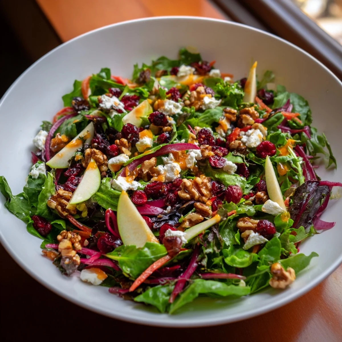 Fresh Seasonal Cranberry and Walnut Celebration Salad garnished, ready to enjoy with a light honey-orange dressing.