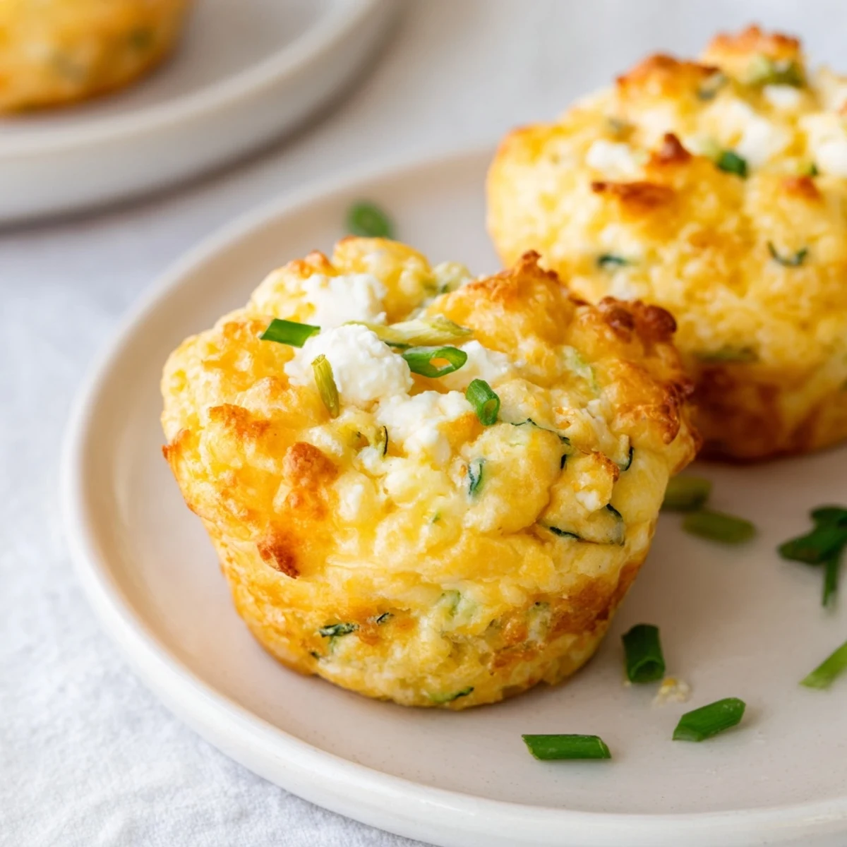 Close-up of fluffy zucchini and feta muffins, showcasing the feta cheese and herb-filled interior.