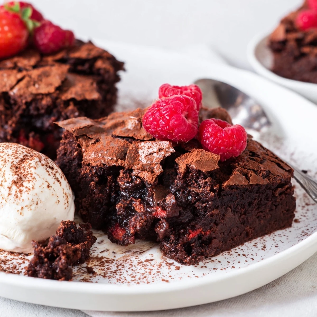 Rich, fudgy Decadent Dark Chocolate Brownie Tart, dusted with cocoa and ready to serve with berries.