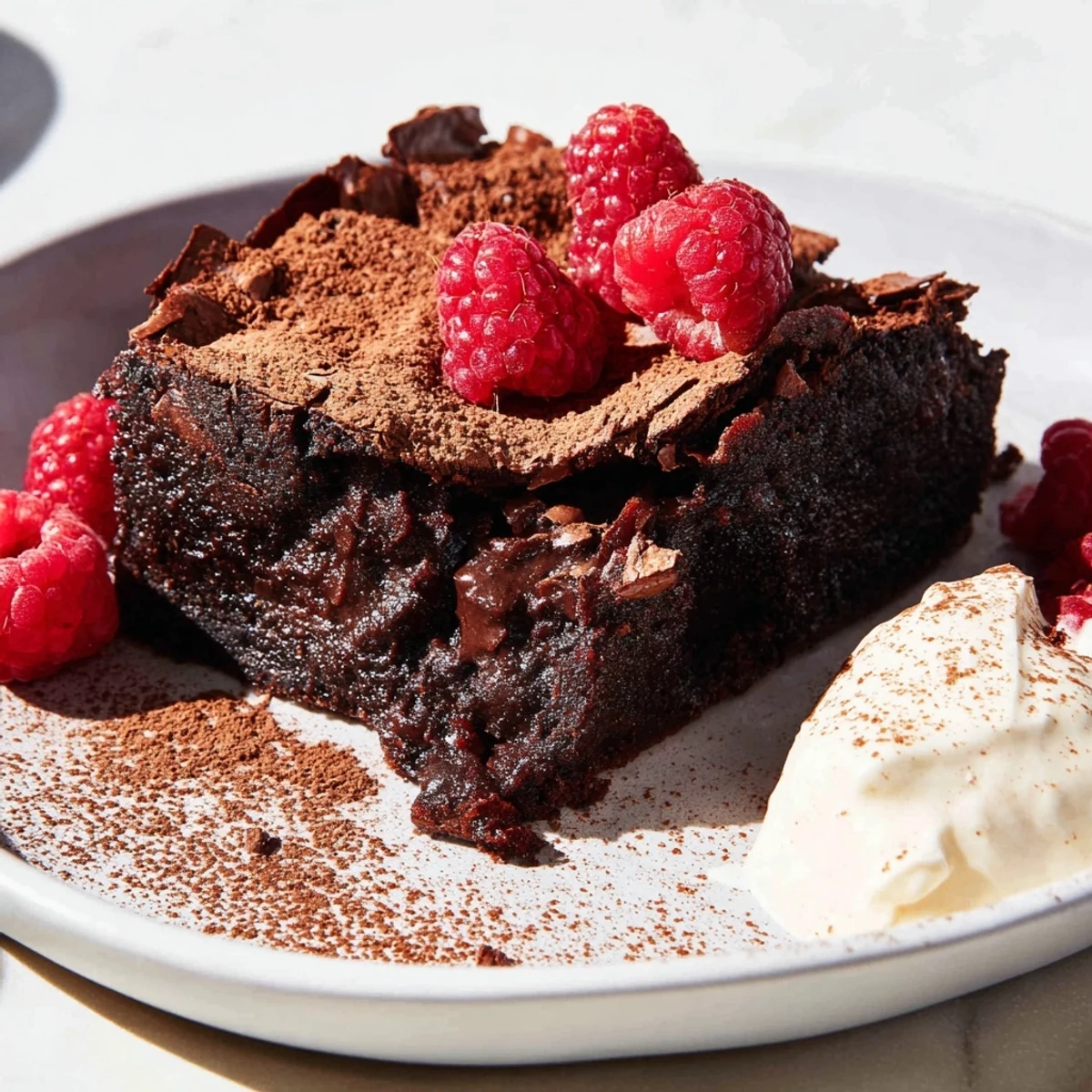 A close up shows the delicious dark chocolate filling of this gorgeous brownie tart, so tempting!