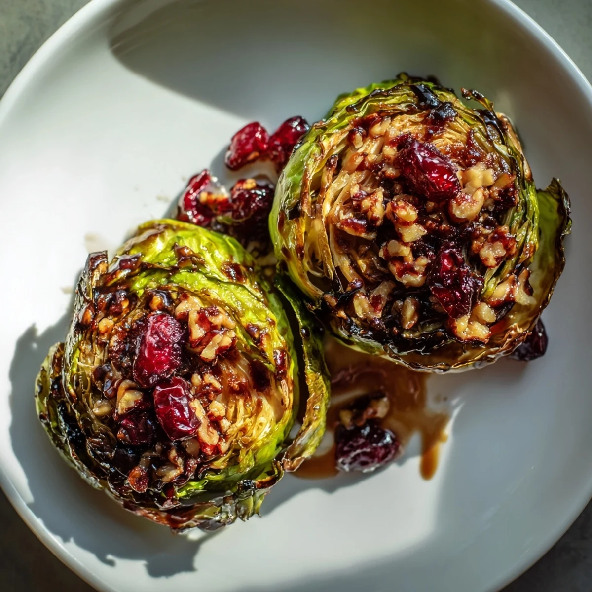 Golden-brown Winter Roasted Brussels Sprouts, caramelized beautifully with balsamic-maple glaze, ready to serve.