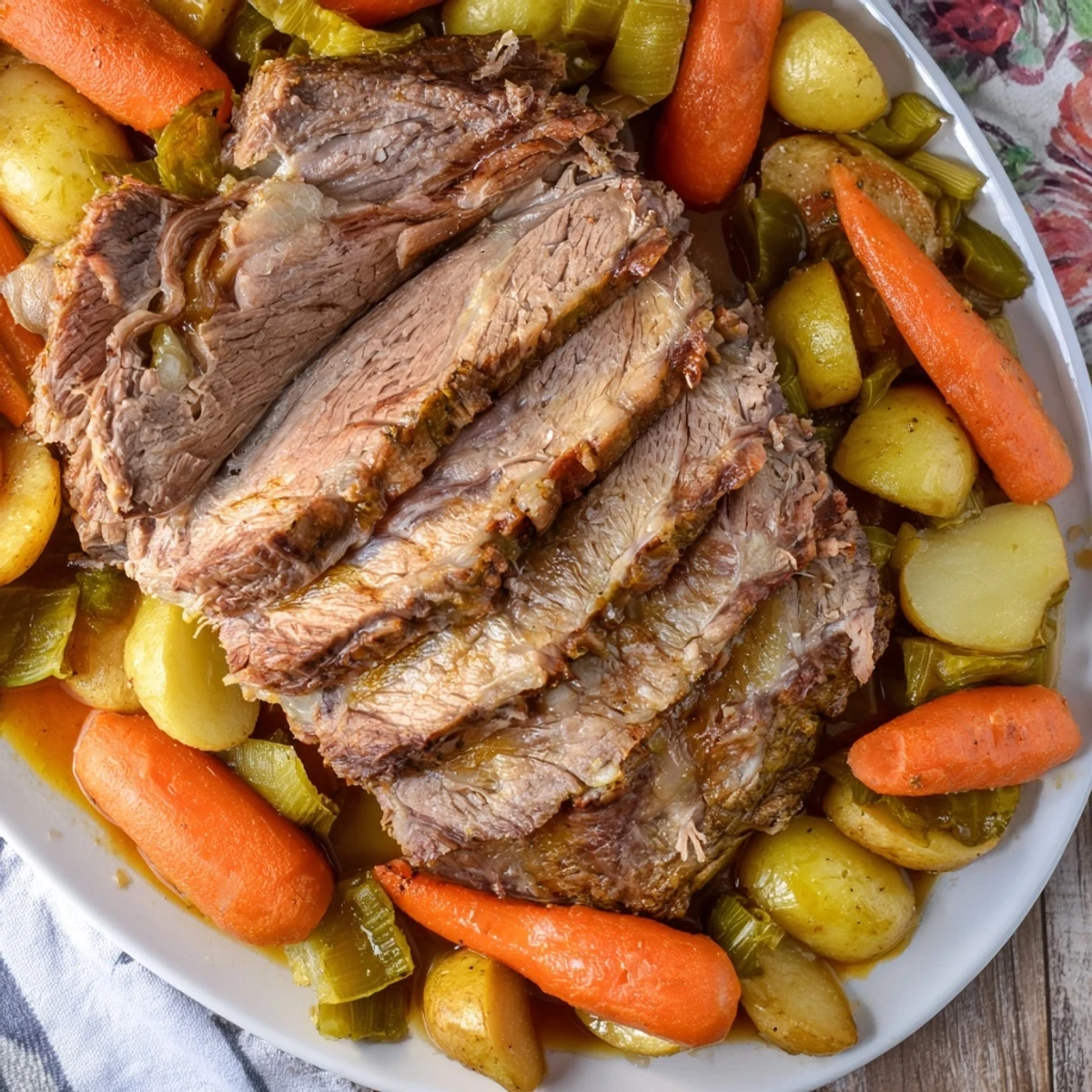 Tender Slow-Roasted Beef Pot Roast in a Dutch oven, surrounded by soft root vegetables.