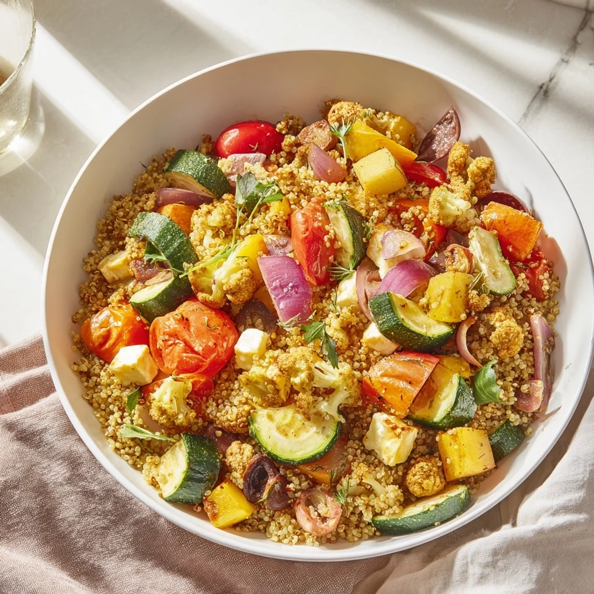 Mediterranean Grain Bowl with Roasted Chickpeas and Feta, beautifully arranged with colorful veggies and creamy feta.