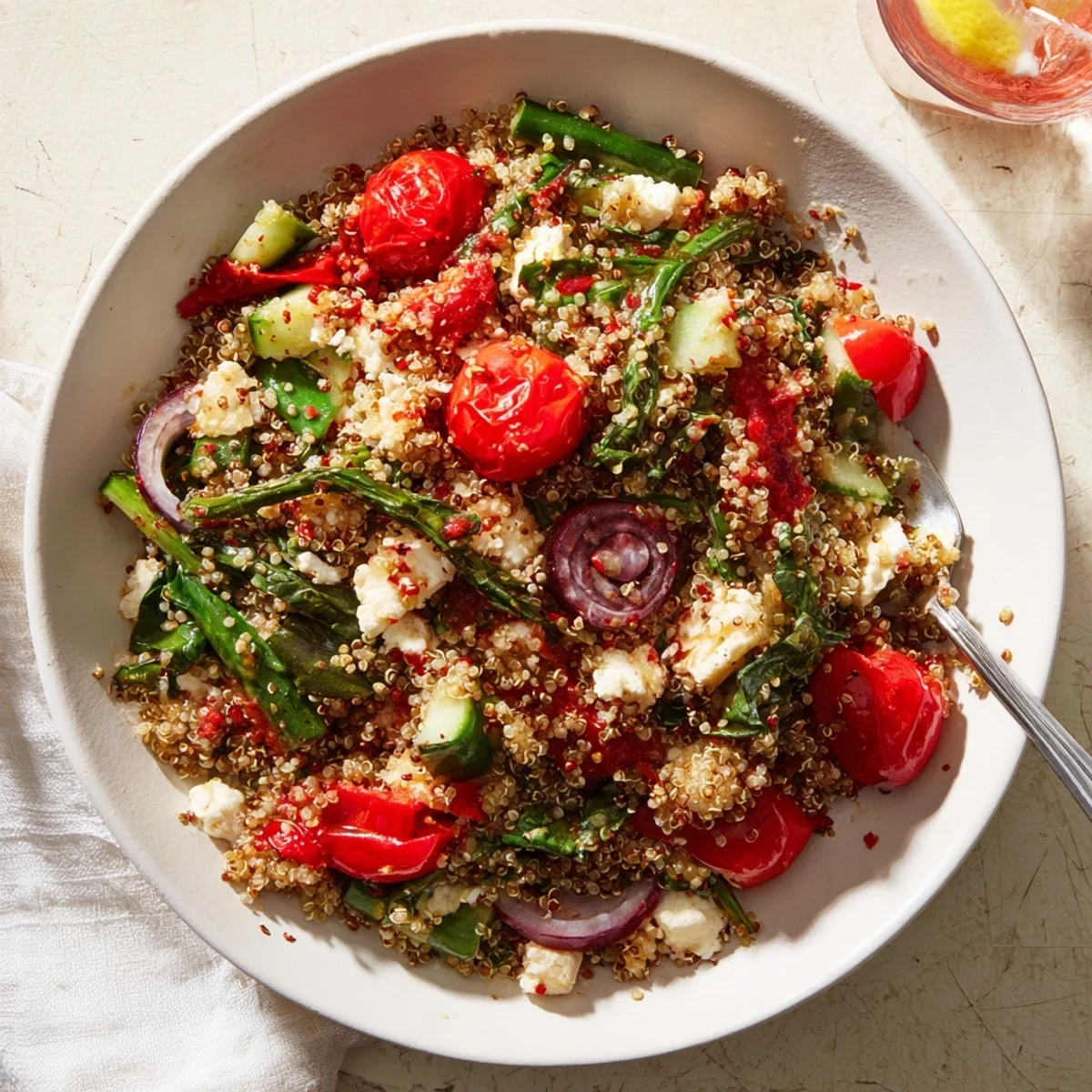 A close-up of a flavorful Mediterranean Grain Bowl, featuring golden roasted chickpeas and crumbled feta cheese.