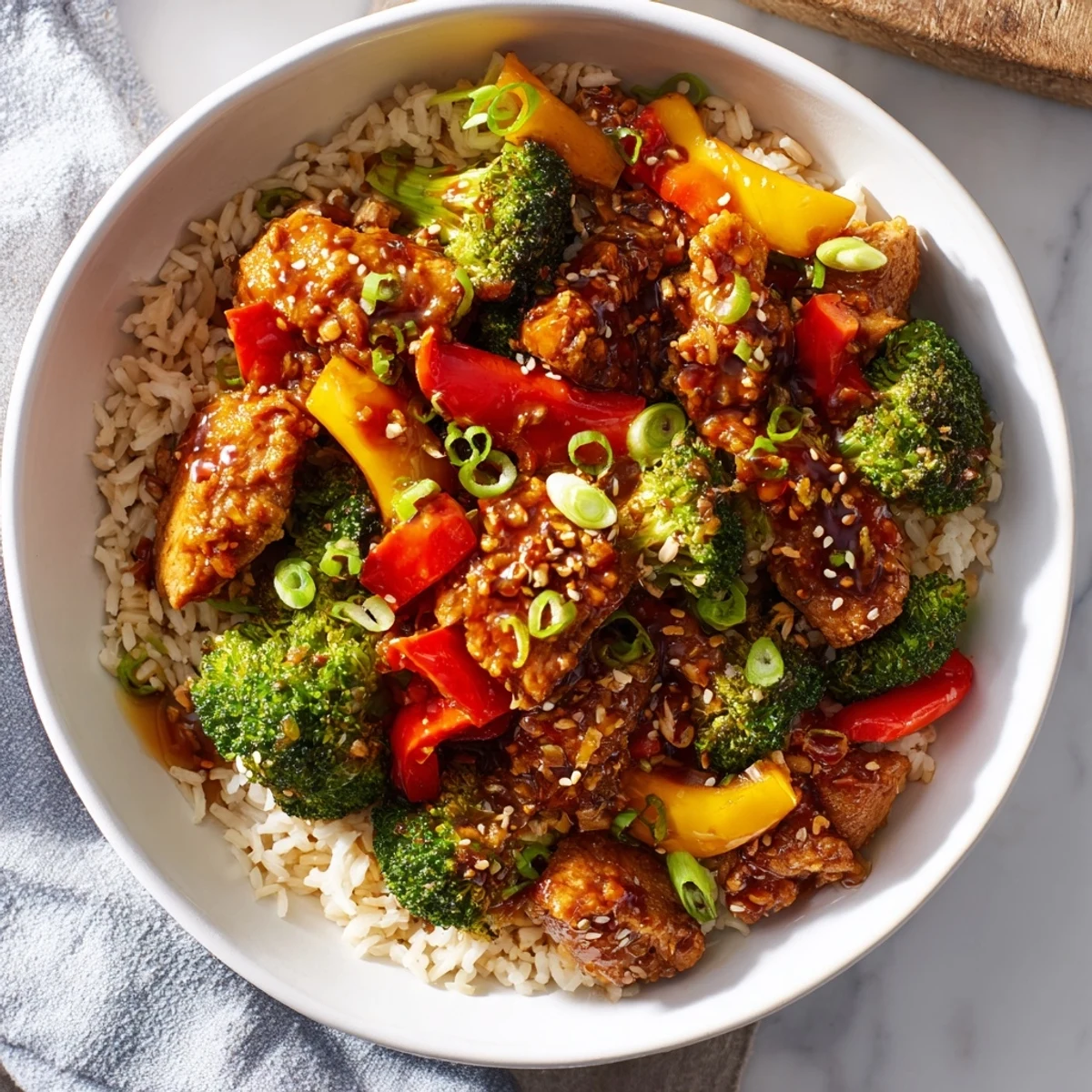 A close-up of a bubbling One-Pot Teriyaki Chicken and Rice Bake, with tender chicken and fluffy rice.