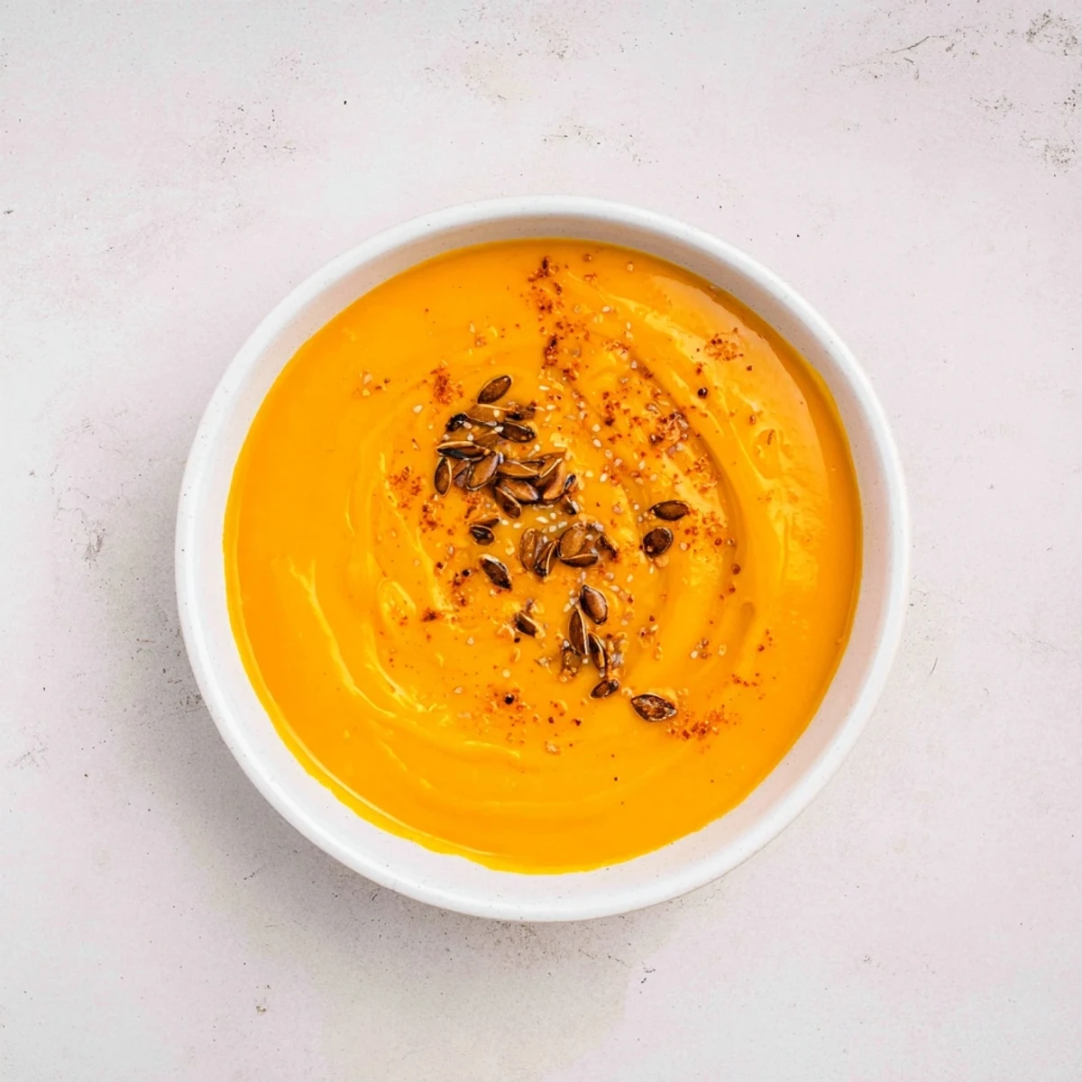 Thick and velvety creamy roasted pumpkin soup, served hot, with a topping of savory seeds.