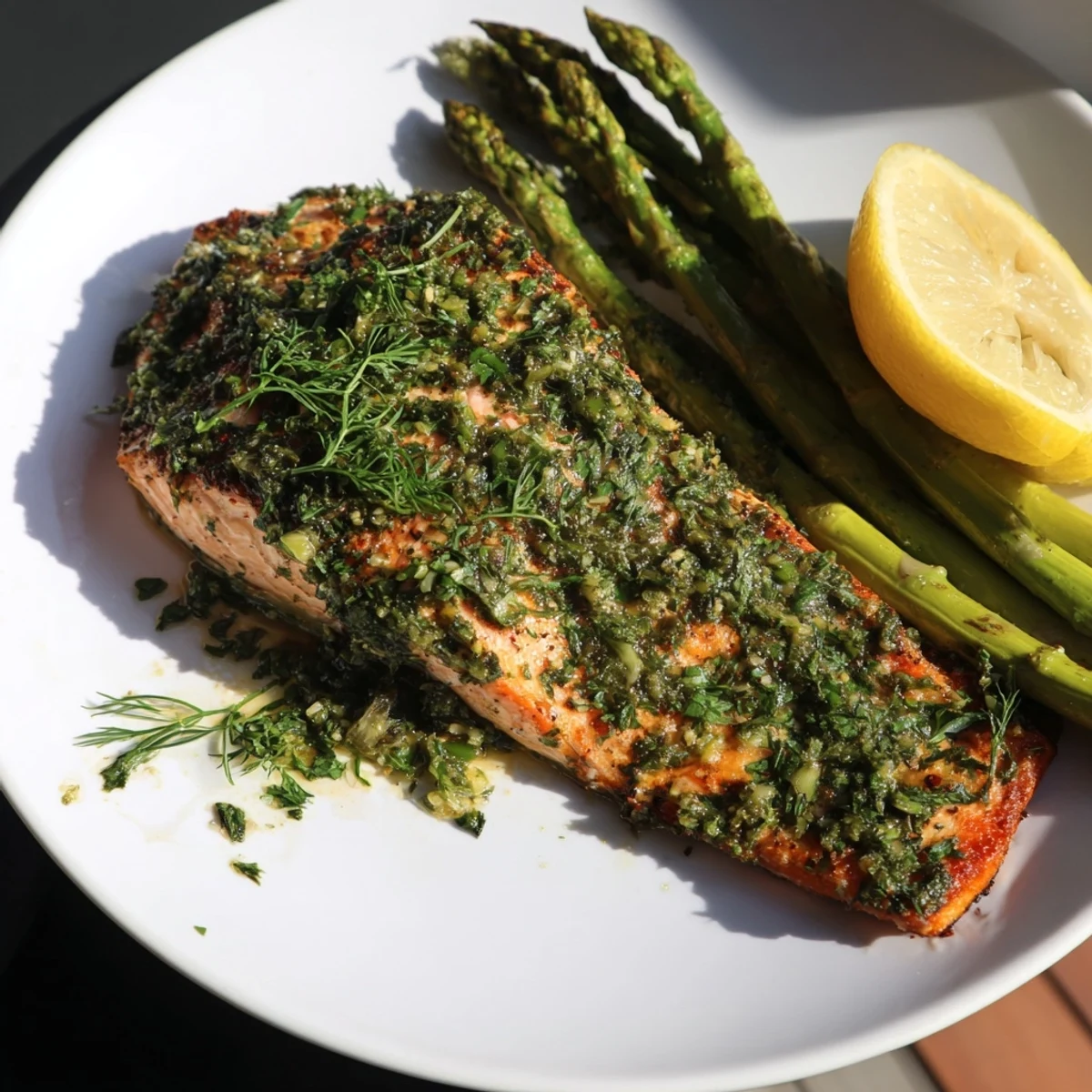 Flaky herb-crusted salmon with vibrant green asparagus, ready to serve with lemon wedges.