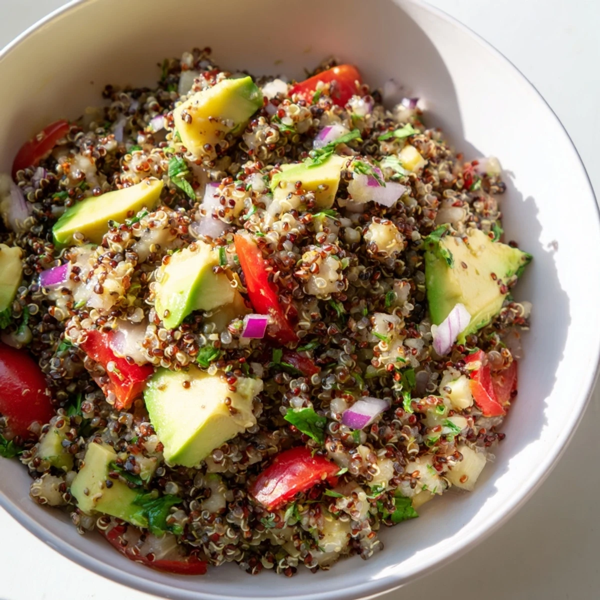 Chilled refreshing quinoa and black bean salad featuring avocado, ready to serve and enjoy.