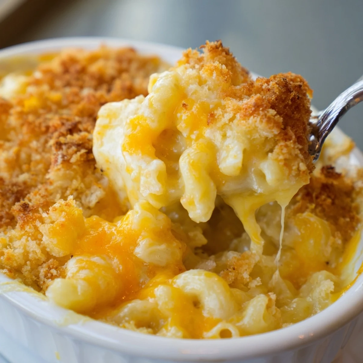 Golden, bubbly classic oven-baked macaroni and cheese, a comforting family favorite.