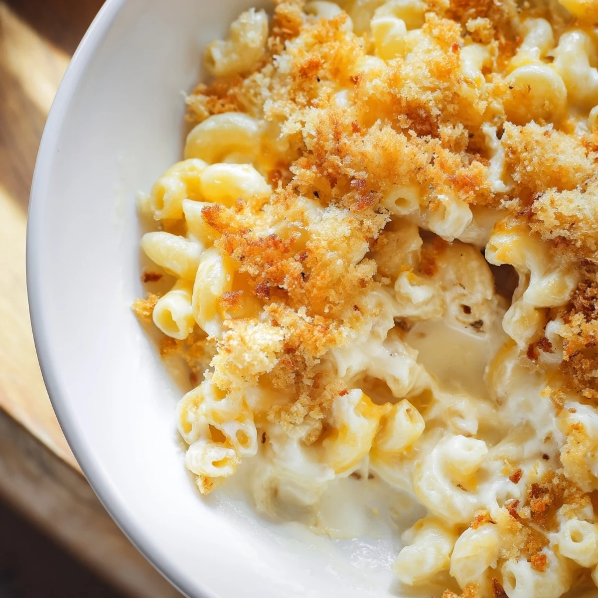 Warm, inviting photo: delicious, homemade classic oven-baked macaroni and cheese ready to serve.