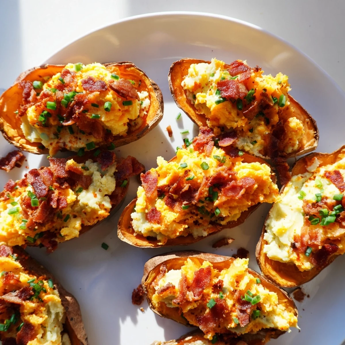 Golden-brown Loaded Sweet Potato Skins topped with crisp bacon and fresh green chives, a flavorful appetizer.