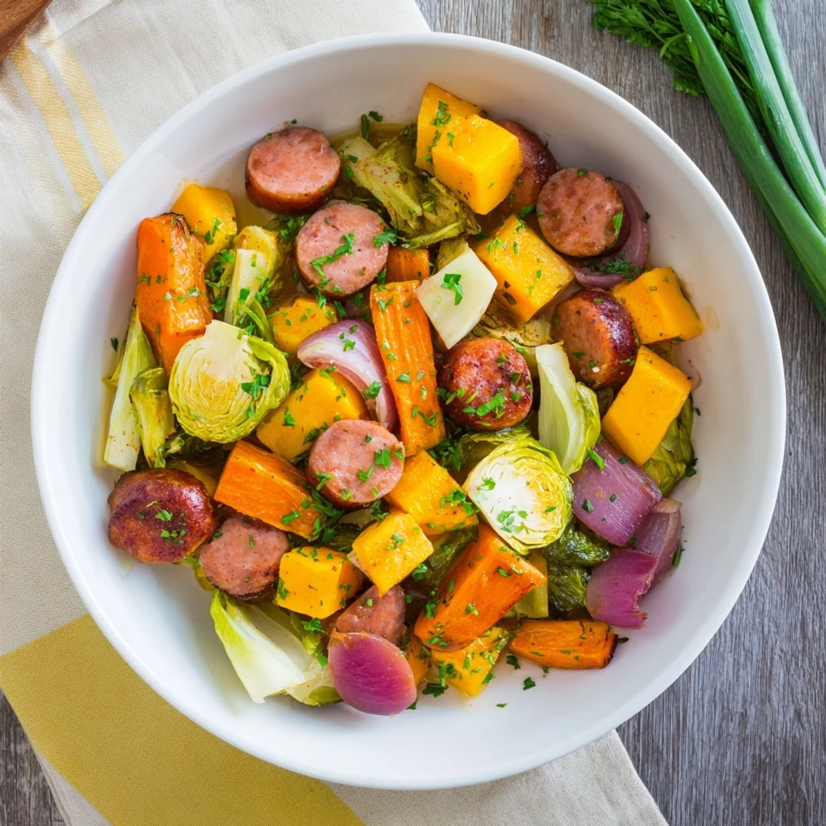 A beautiful, close-up shot of the savory Hearty Sheet Pan Sausage and Autumn Veggie Medley, ready to be served.