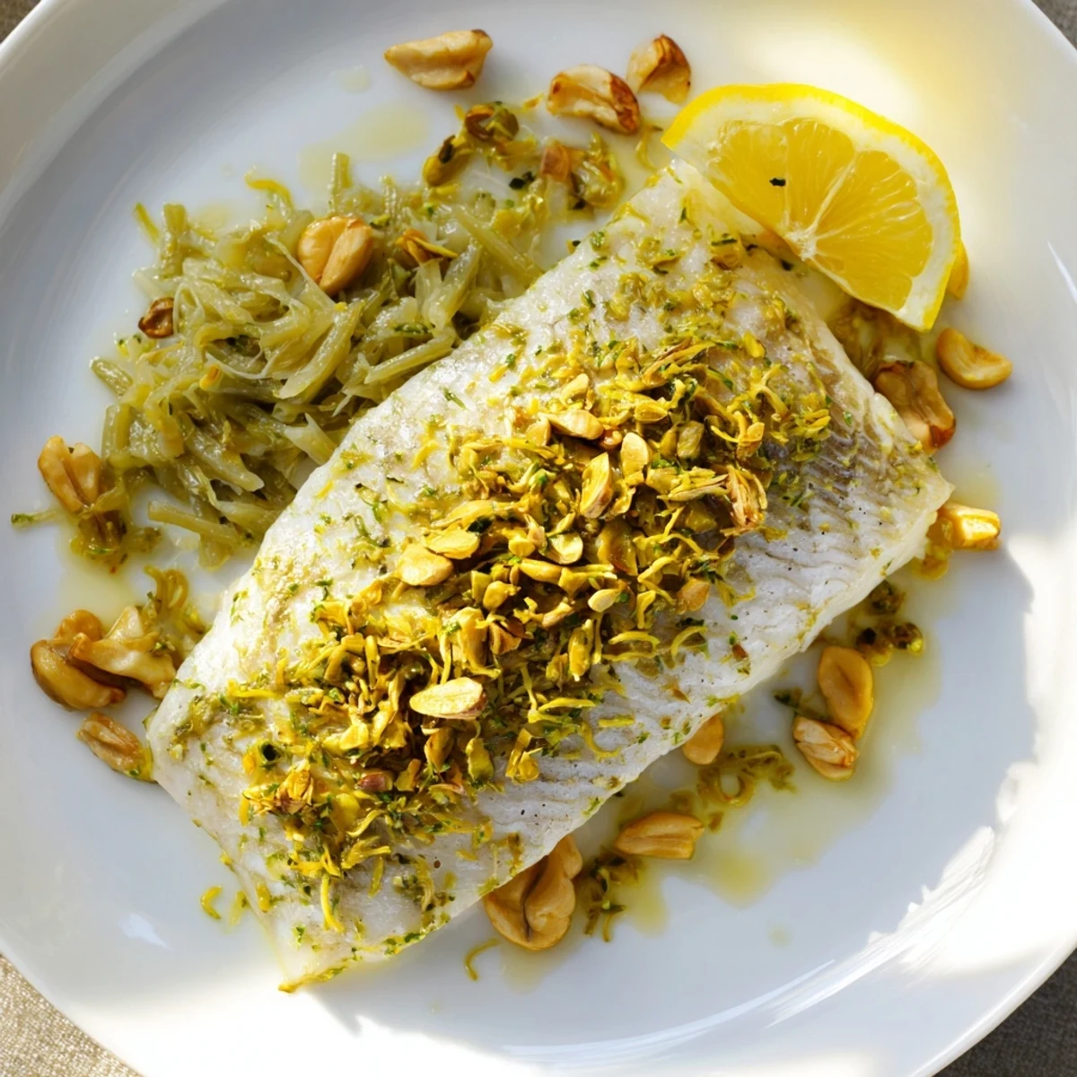 A close-up of delicious Sheet Pan Lemon Herb Tilapia and Green Beans, garnished with fresh parsley and lemon wedges.