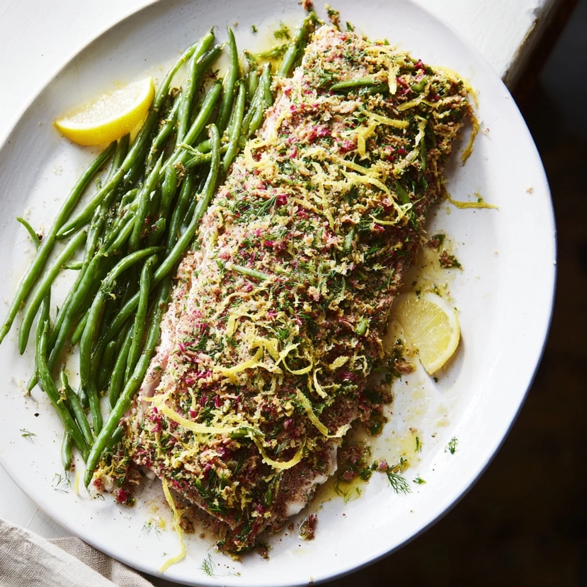Sheet Pan Lemon Herb Tilapia and Green Beans, perfectly roasted fish and green beans on a sheet pan, ready to serve.