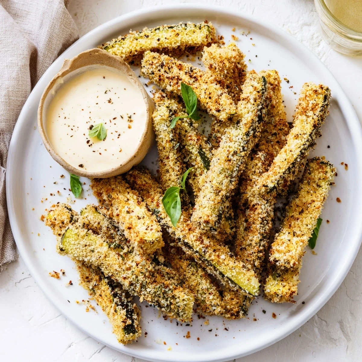 Image of golden-brown crispy Parmesan zucchini fries served with a vibrant dipping sauce.