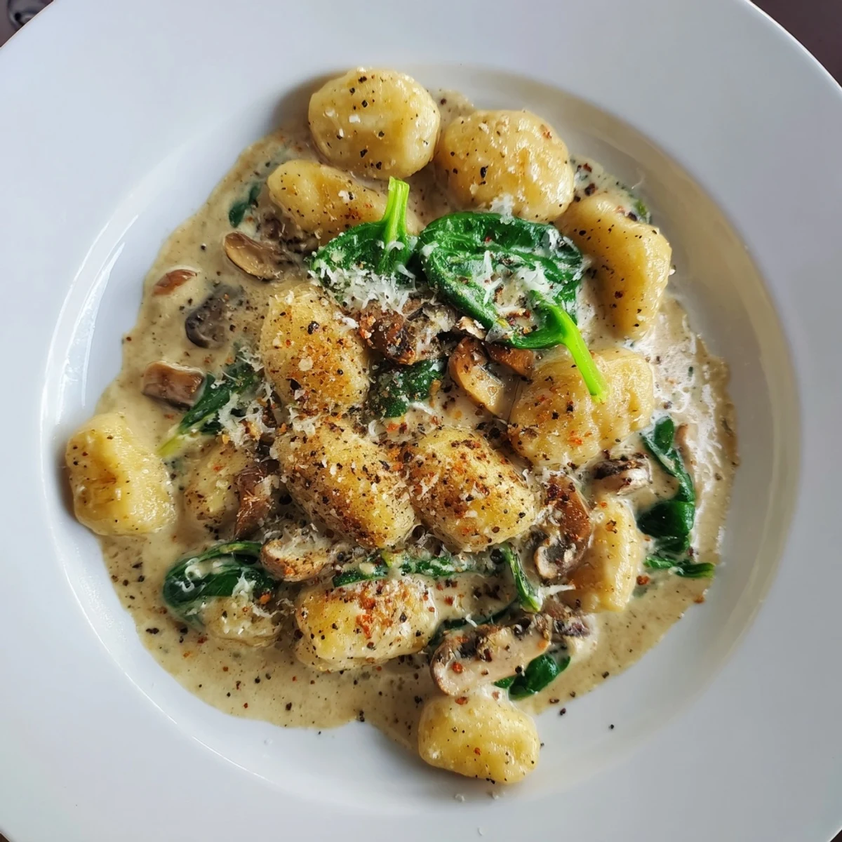 A close-up shot of the flavorful One-Dish Creamy Mushroom and Spinach Gnocchi in a skillet, ready to serve.