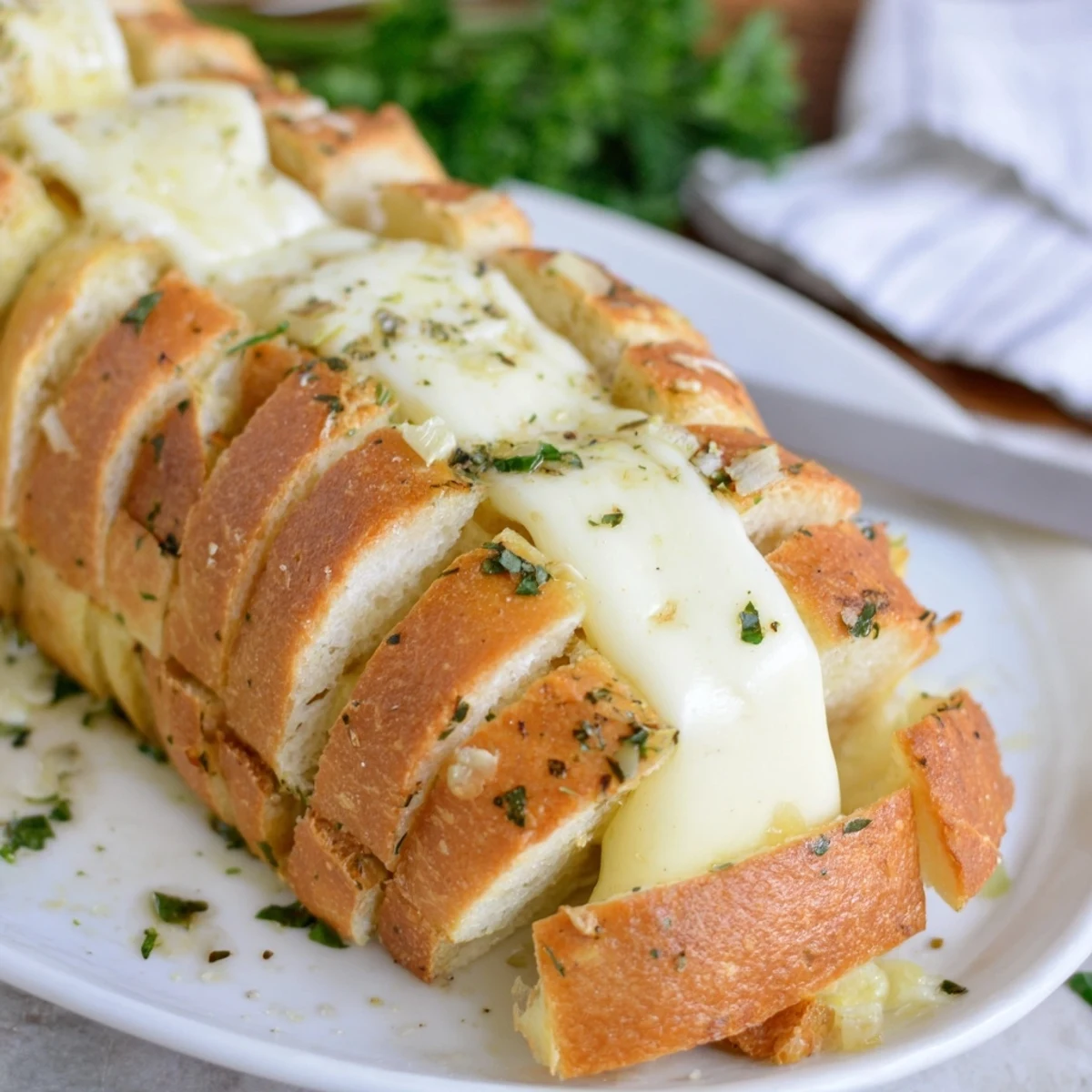 Golden brown Cheesy Garlic Pull-Apart Bread with bubbly cheese, fresh herbs, ready to be pulled apart.