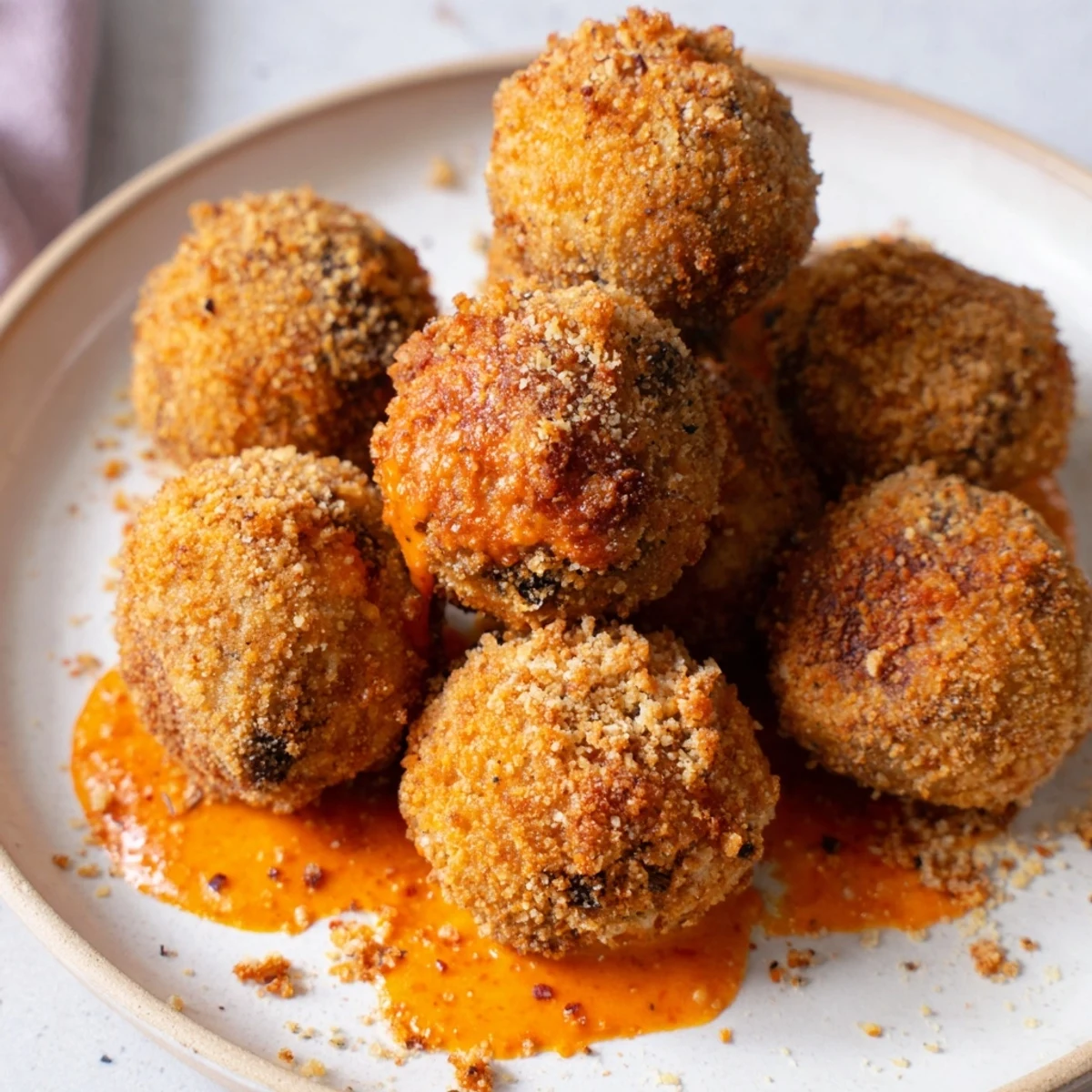 A close-up of Air-Fryer Buffalo Cauliflower Bites glistening with spicy sauce, ready to serve alongside dipping sauces.
