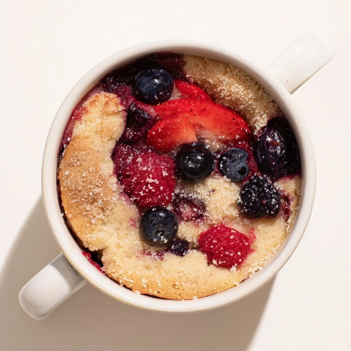 A warm Mixed Berry Cobbler Mug Cake, overflowing with juicy berries and a bubbly, golden crust.
