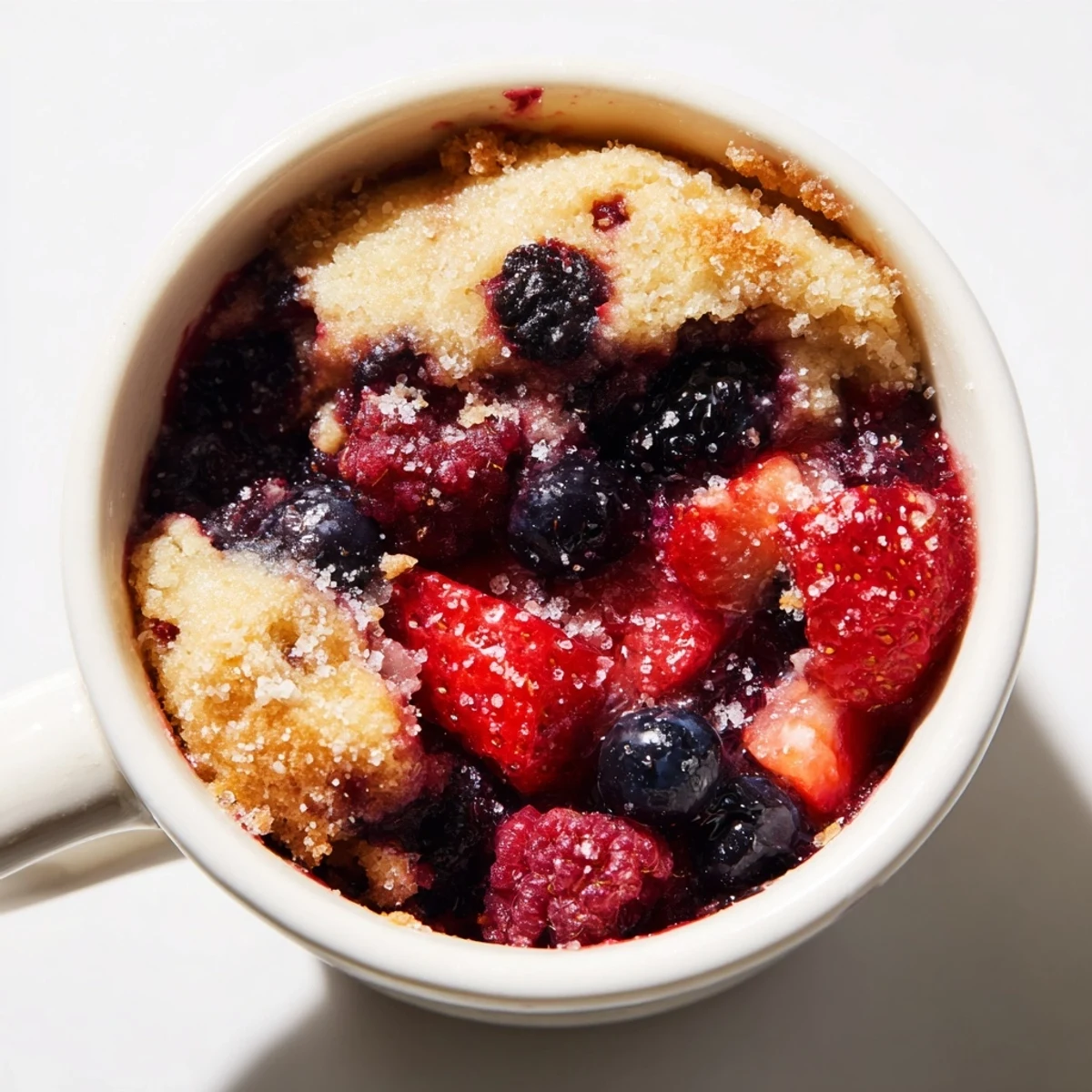 Imagine the steaming Mixed Berry Cobbler Mug Cake, a perfect single-serve dessert, ready to enjoy.