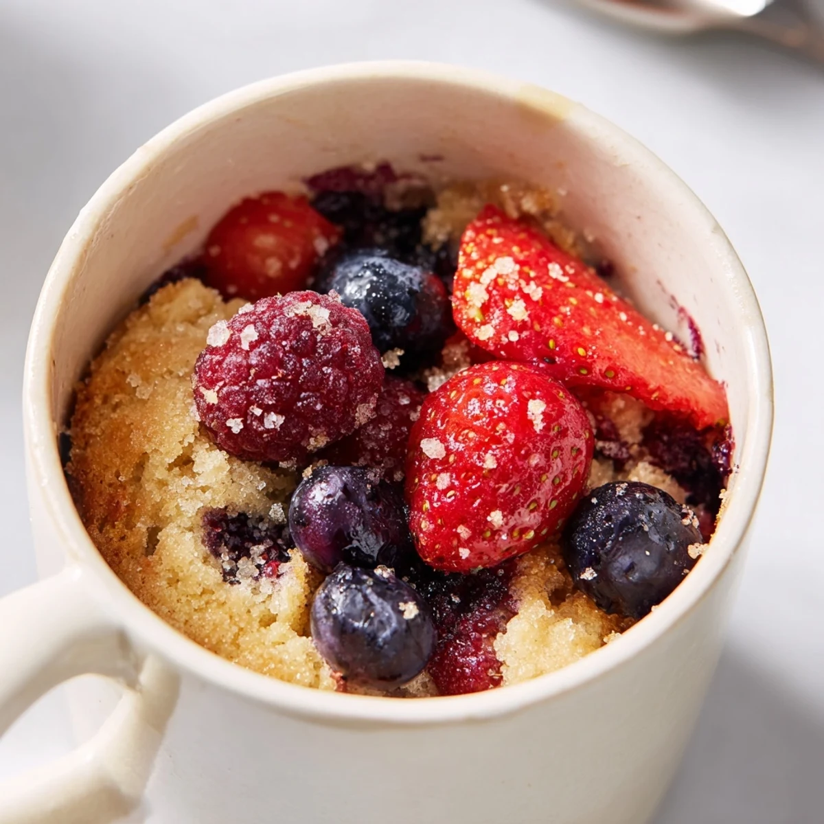 Enjoy a close-up of this delicious, easy Mixed Berry Cobbler Mug Cake, a vibrant, microwaved treat.