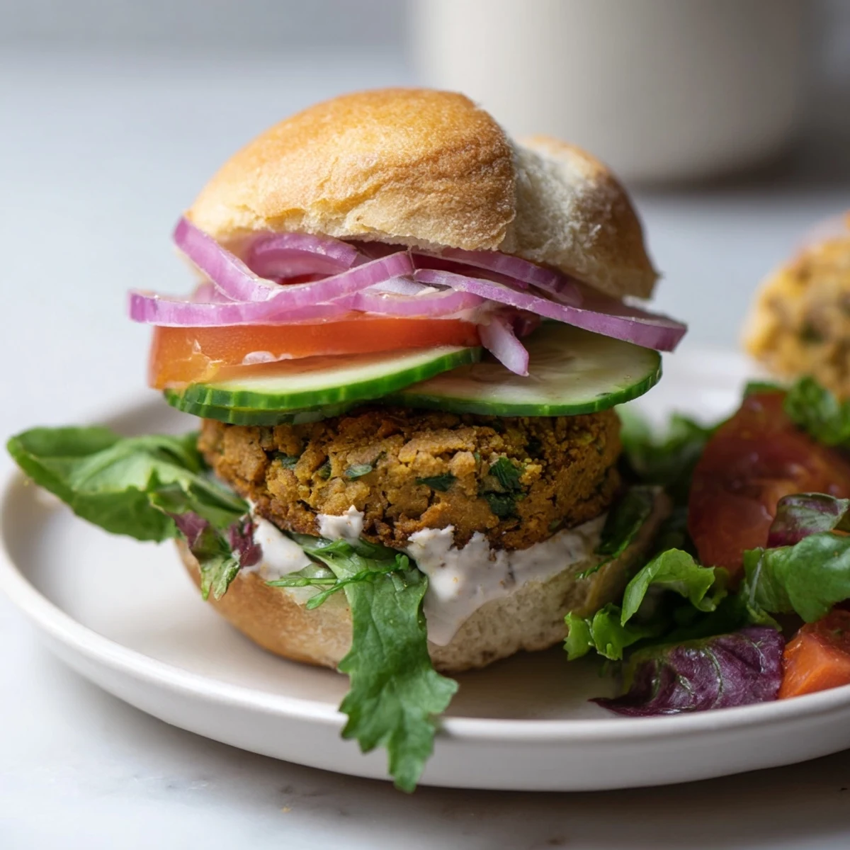Close-up of baked falafel sliders, piled high with tahini sauce, veggies, and ready to go.