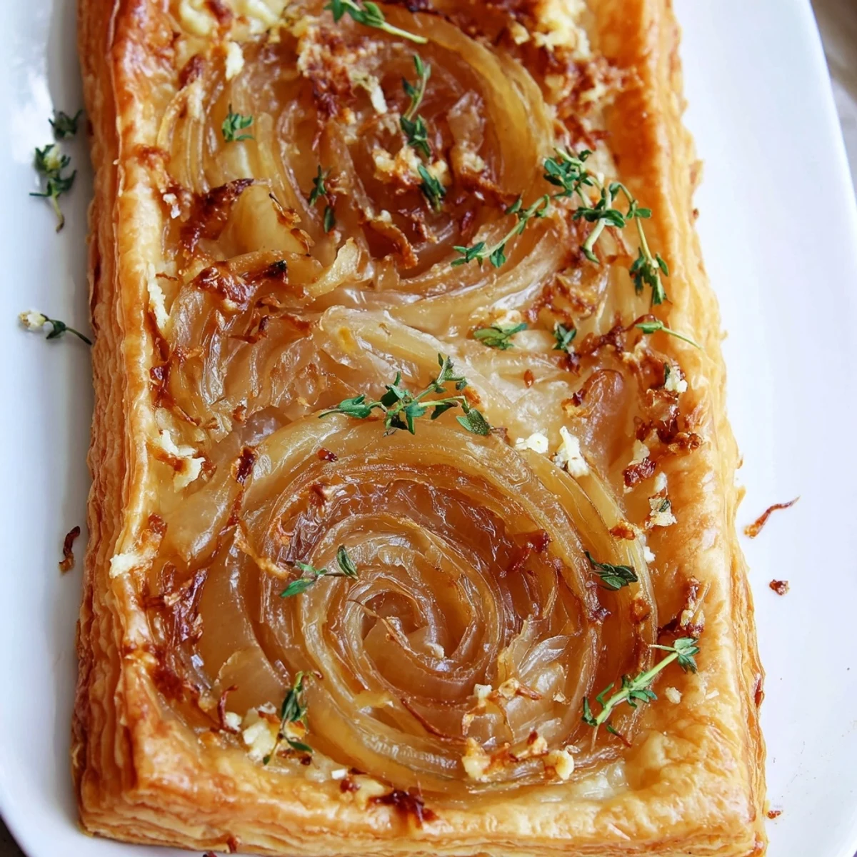 Fresh thyme and Gruyère top a golden Caramelized Onion Tart, ideal for a French appetizer.