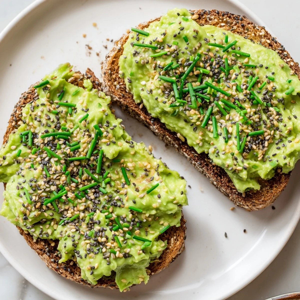 Golden, toasted bread piled high with creamy avocado toast with everything, seasoned perfectly.