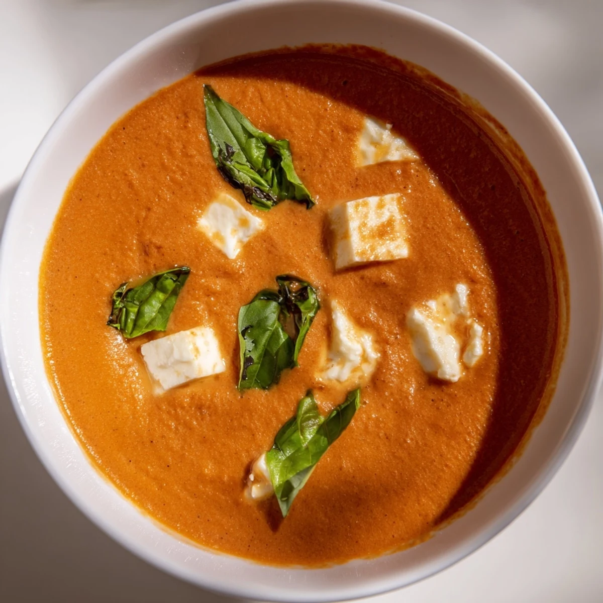 Homemade Creamy Tomato Mozzarella Soup, perfectly blended, garnished with basil, ready to eat with crusty bread.