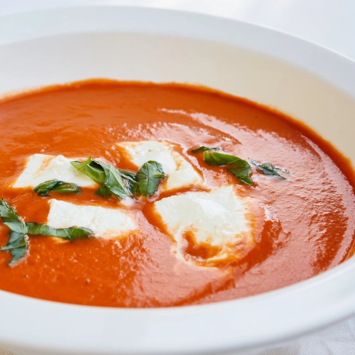 Enjoy a steaming bowl of Creamy Tomato Mozzarella Soup: a smooth, tomato-based soup with melted mozzarella.