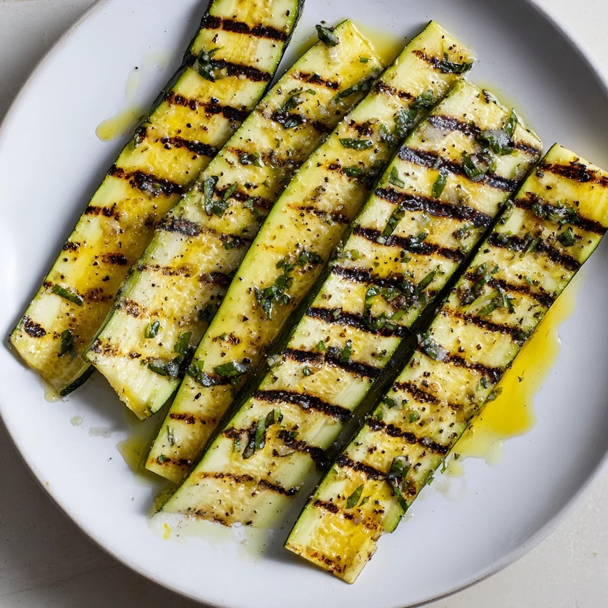 Grilled garlic herb zucchini, glistening with oil, herbs, and lemon, ready to eat!