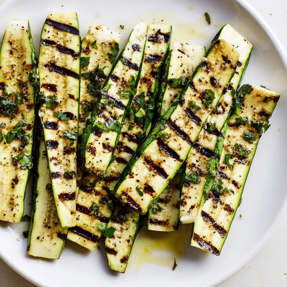 Close-up of freshly grilled garlic herb zucchini, showing lovely grill marks, ready for a side dish.
