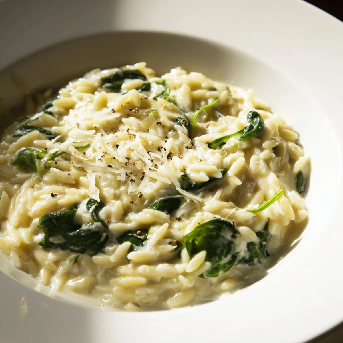 Enjoy a steaming bowl of creamy spinach orzo, rich with Parmesan, perfect for a cozy dinner.