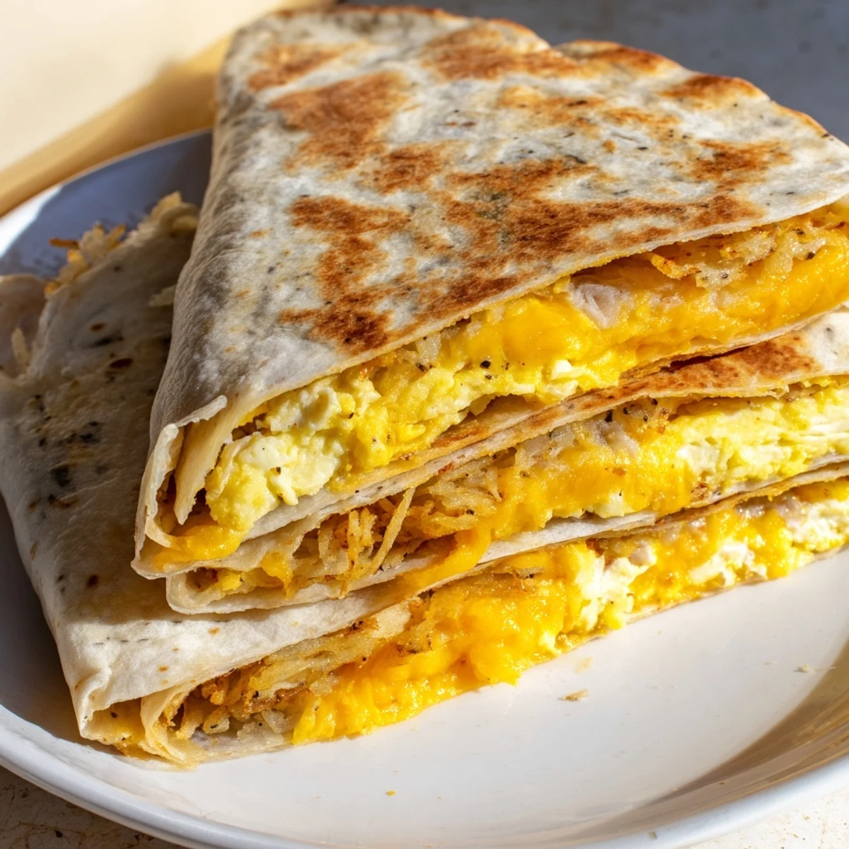 Golden, crispy Breakfast Crunchwrap featuring eggs, cheese, and hash browns, ready to be devoured.