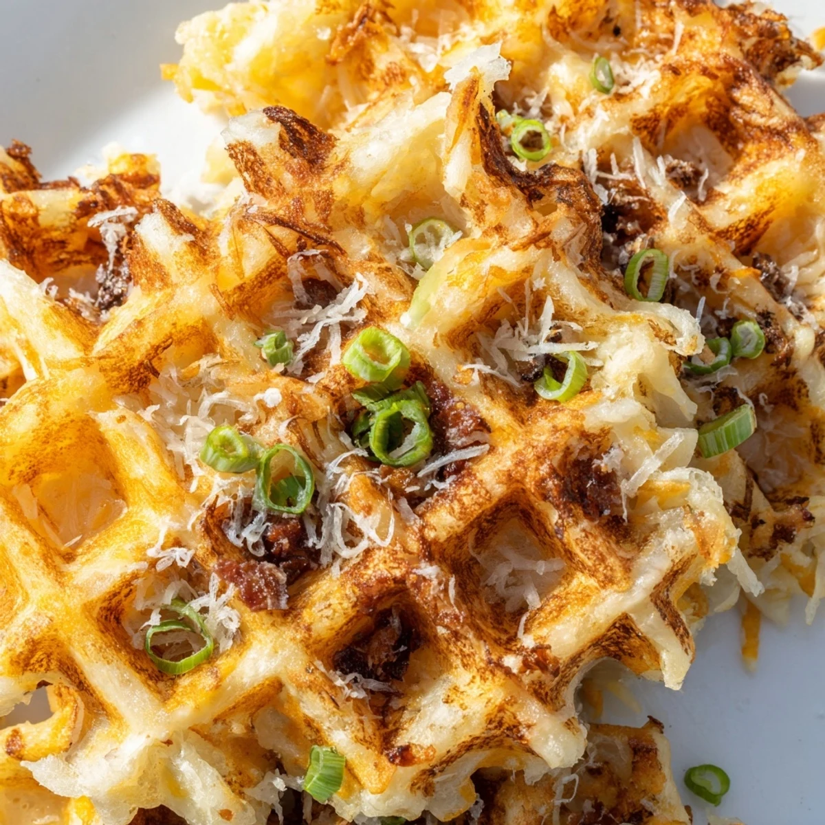 Golden-brown, crispy Cheesy Hash Brown Waffles with melted cheddar, ready to be served hot.