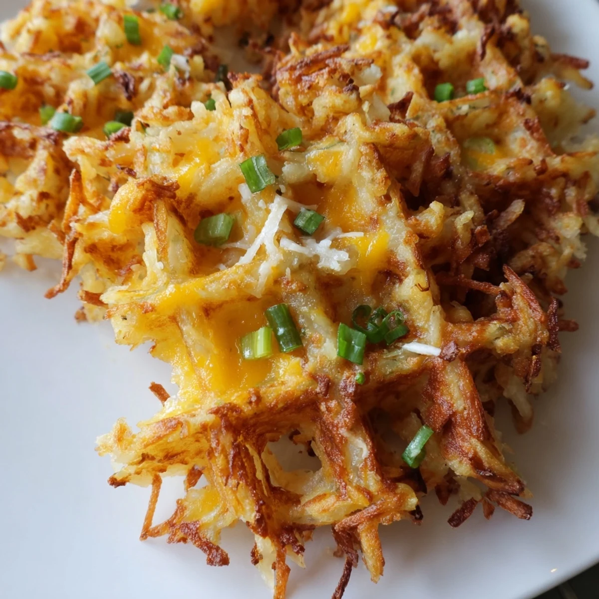 A plate of fluffy Cheesy Hash Brown Waffles, topped with fresh chives and a dollop of sour cream.
