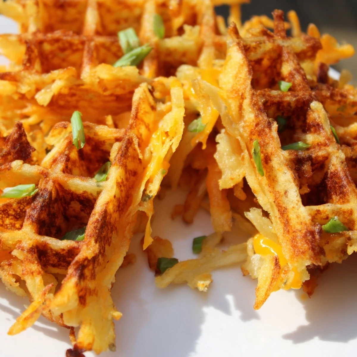 Close-up of a perfectly cooked Cheesy Hash Brown Waffle's crispy edges and cheesy interior.