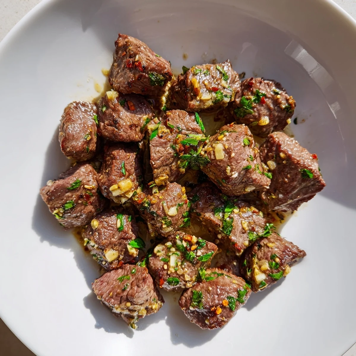 Sizzling Garlic Butter Steak Bites, glistening, with parsley garnish, ready to be served.