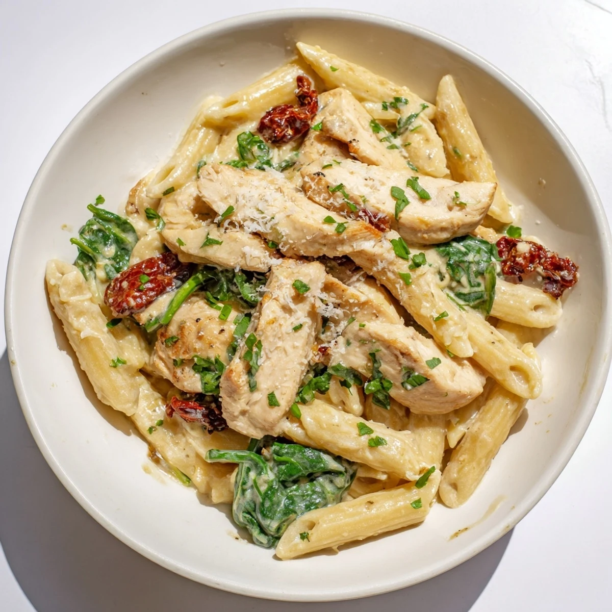 A close-up of Creamy Tuscan Chicken Pasta, showing the pasta coated in its rich, sun-dried tomato sauce.
