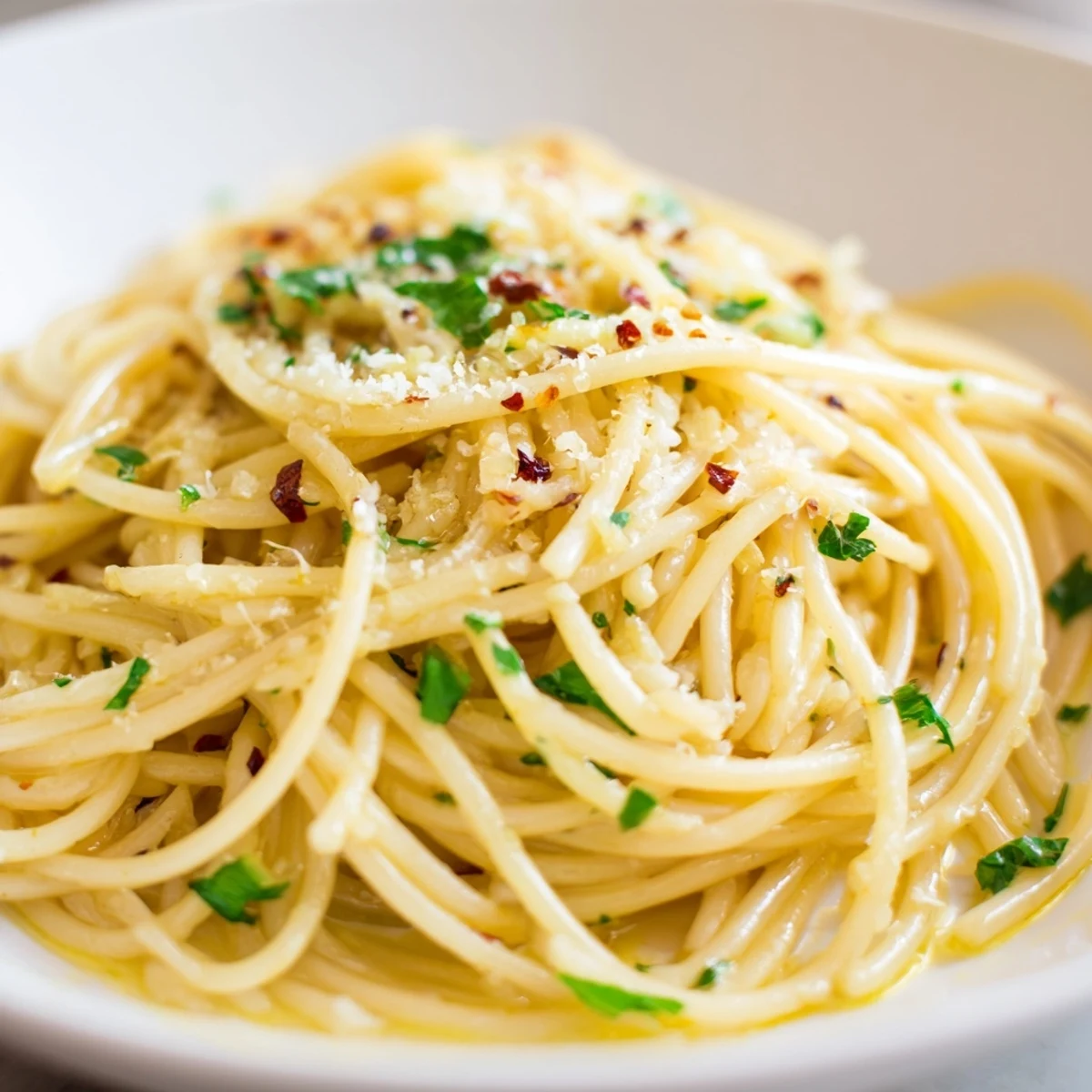 Golden garlic-infused Aglio e Olio Express Pasta, ready to serve with fresh parsley and Parmesan.