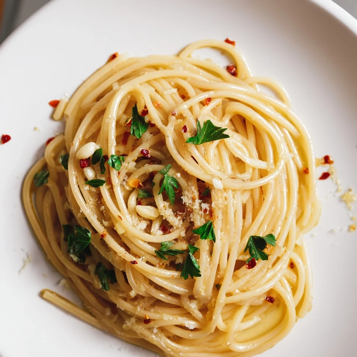 Steaming bowl of delicious Aglio e Olio Express Pasta, tossed with chili flakes and olive oil.