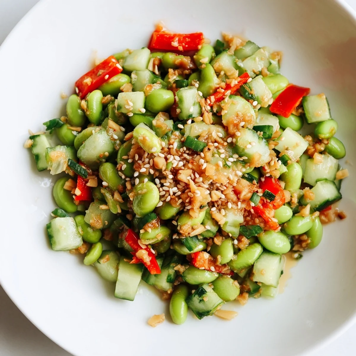 Freshly tossed edamame salad: a colorful mix in a bowl, perfect for a light, healthy meal.