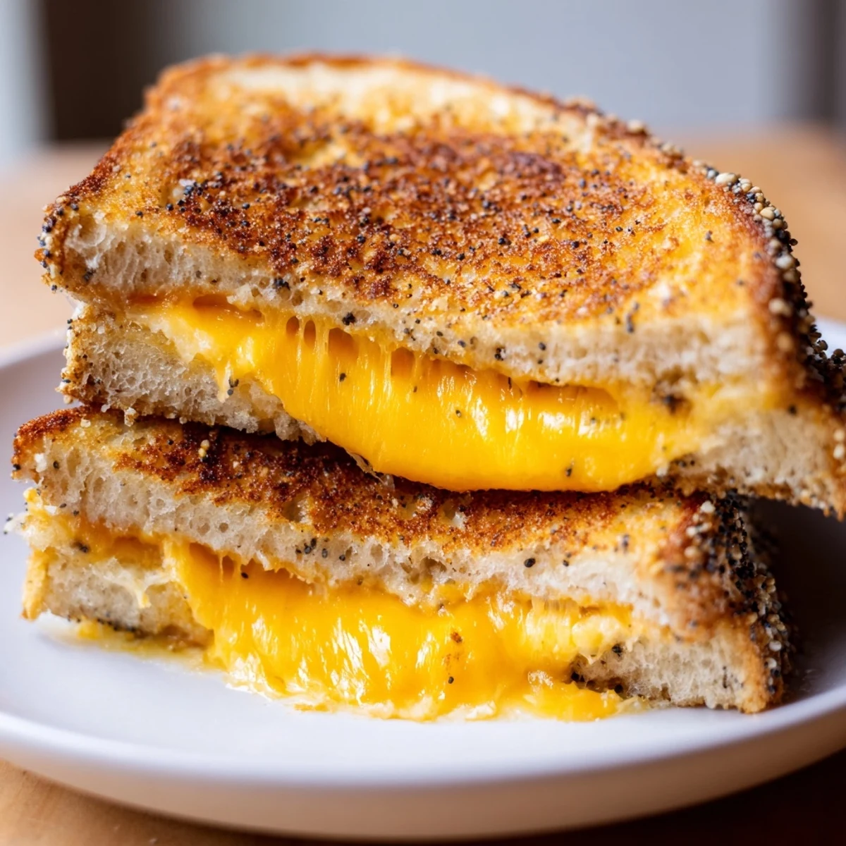Golden melted cheese oozing from an Everything Bagel Grilled Cheese, ready to be enjoyed.