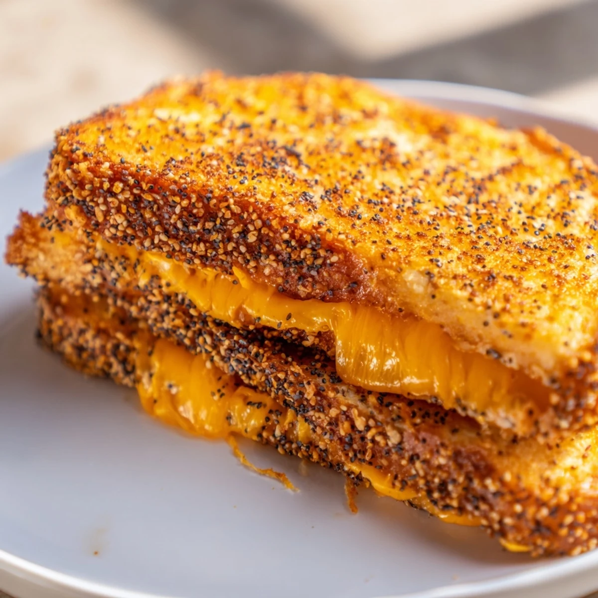 Crispy golden, buttery Everything Bagel Grilled Cheese is served with a warm bowl of tomato soup.