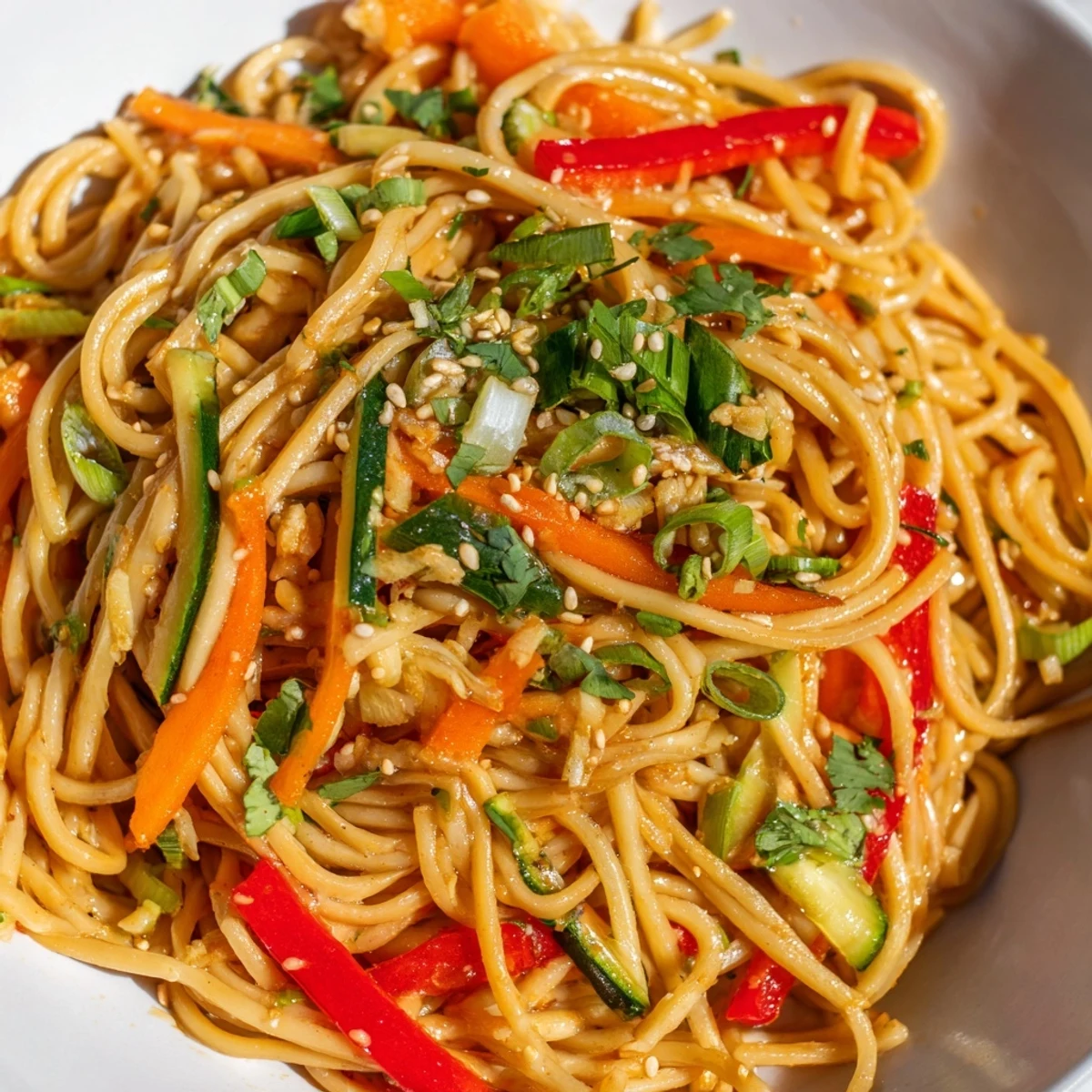 A colorful bowl of Garlic Noodle Salad with crisp veggies and sesame seeds, ready to eat.