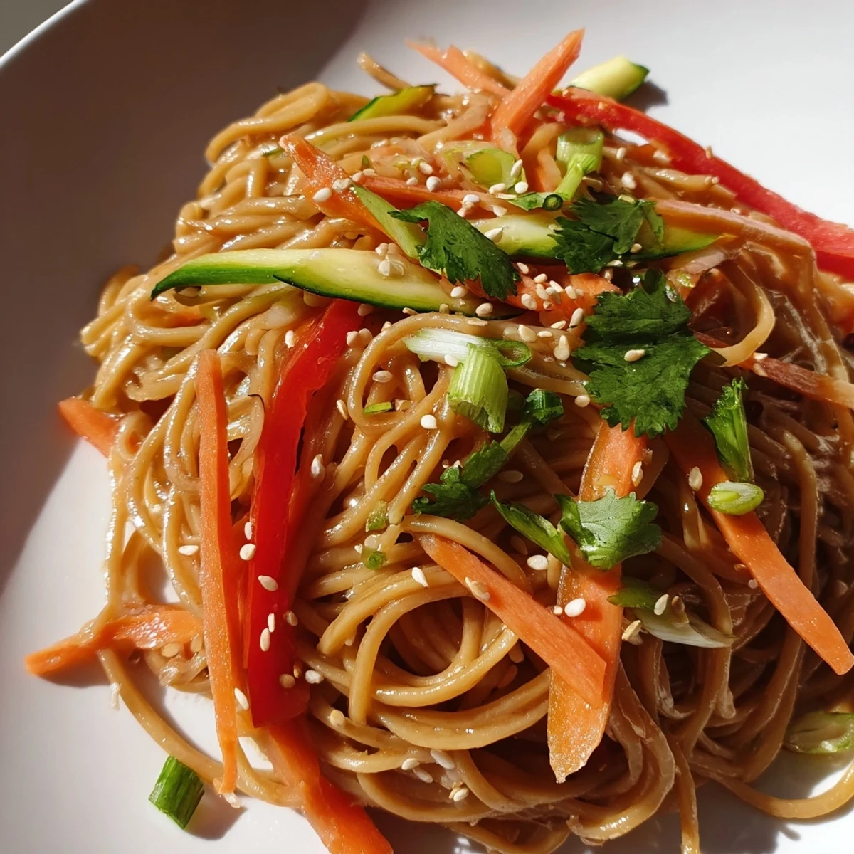 Close-up of fragrant Garlic Noodle Salad, showcasing vibrant vegetables and appealing textures.