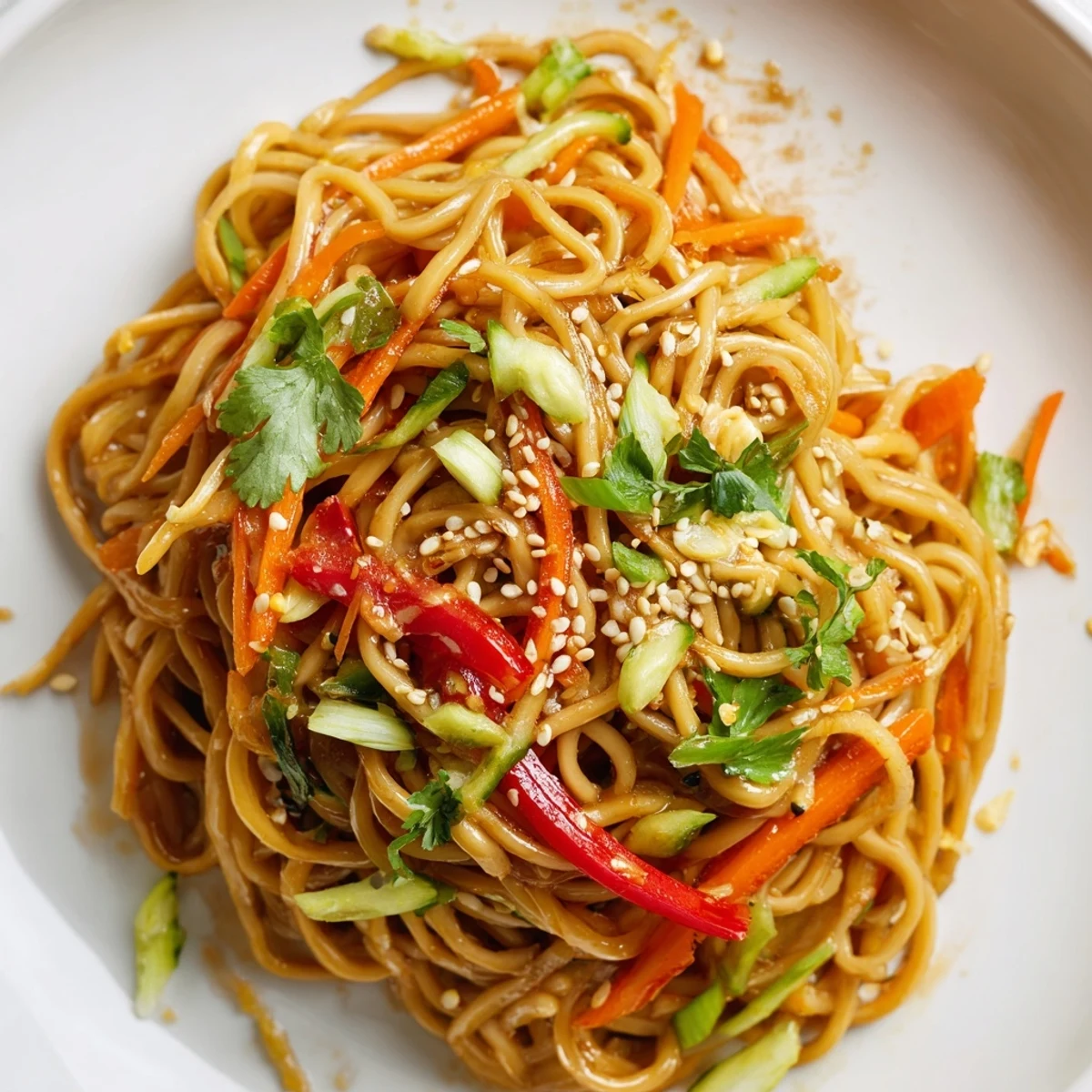 Enjoy a refreshing plate of Garlic Noodle Salad; a flavorful vegetarian meal option.