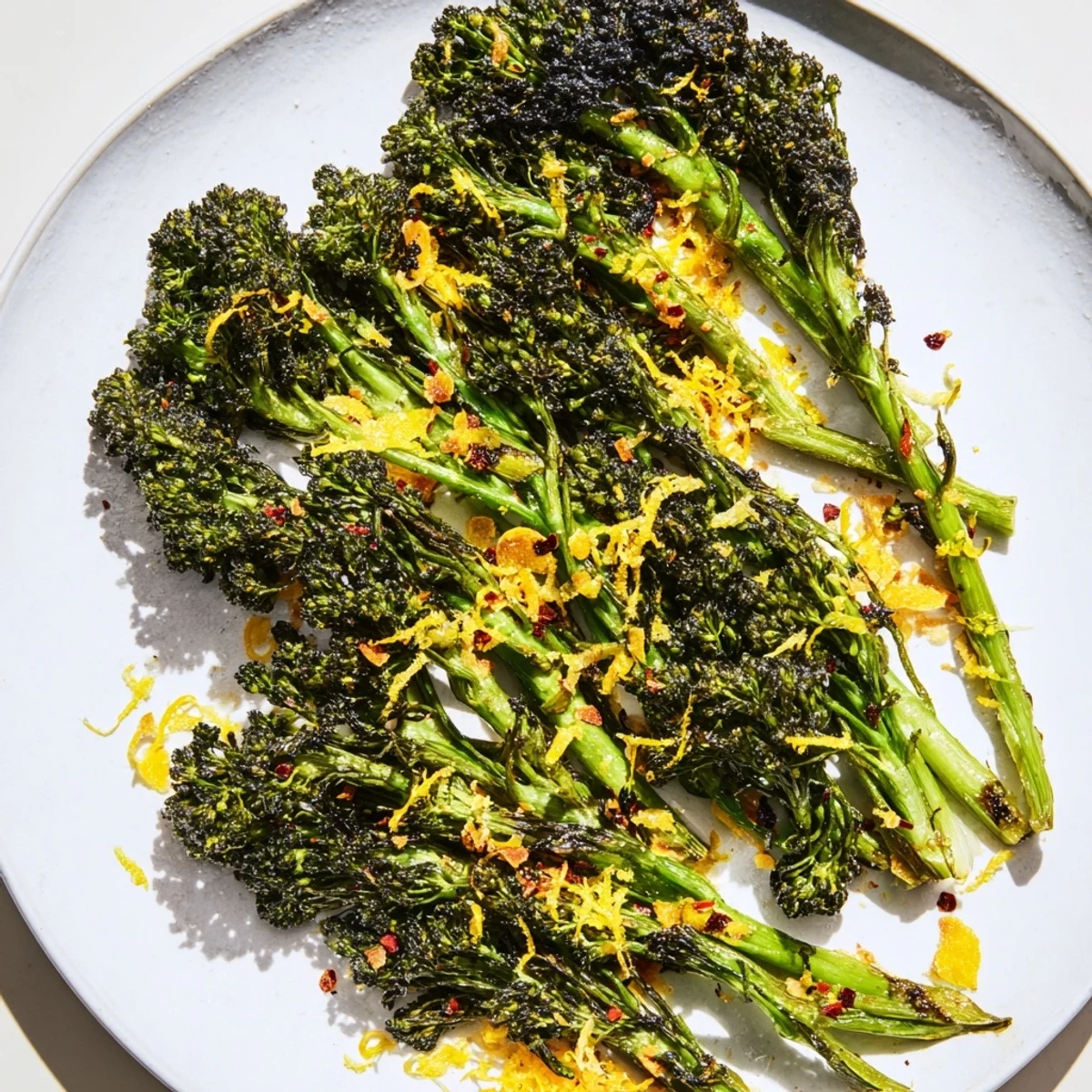 Air-fried broccolini salad, a colorful dish with charred greens, garlic crisps, and Parmesan.