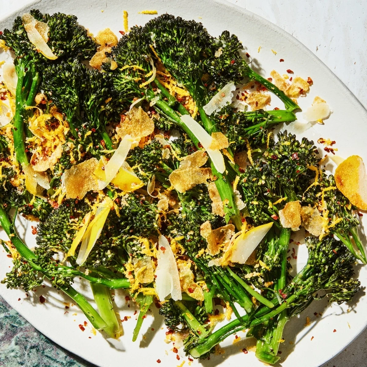 A close-up of the zesty, fresh charred broccolini salad, ready for serving immediately after preparation.